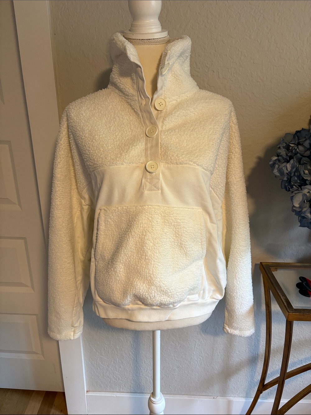 J. Crew Cream Sherpa Zip-Style Button Pullover